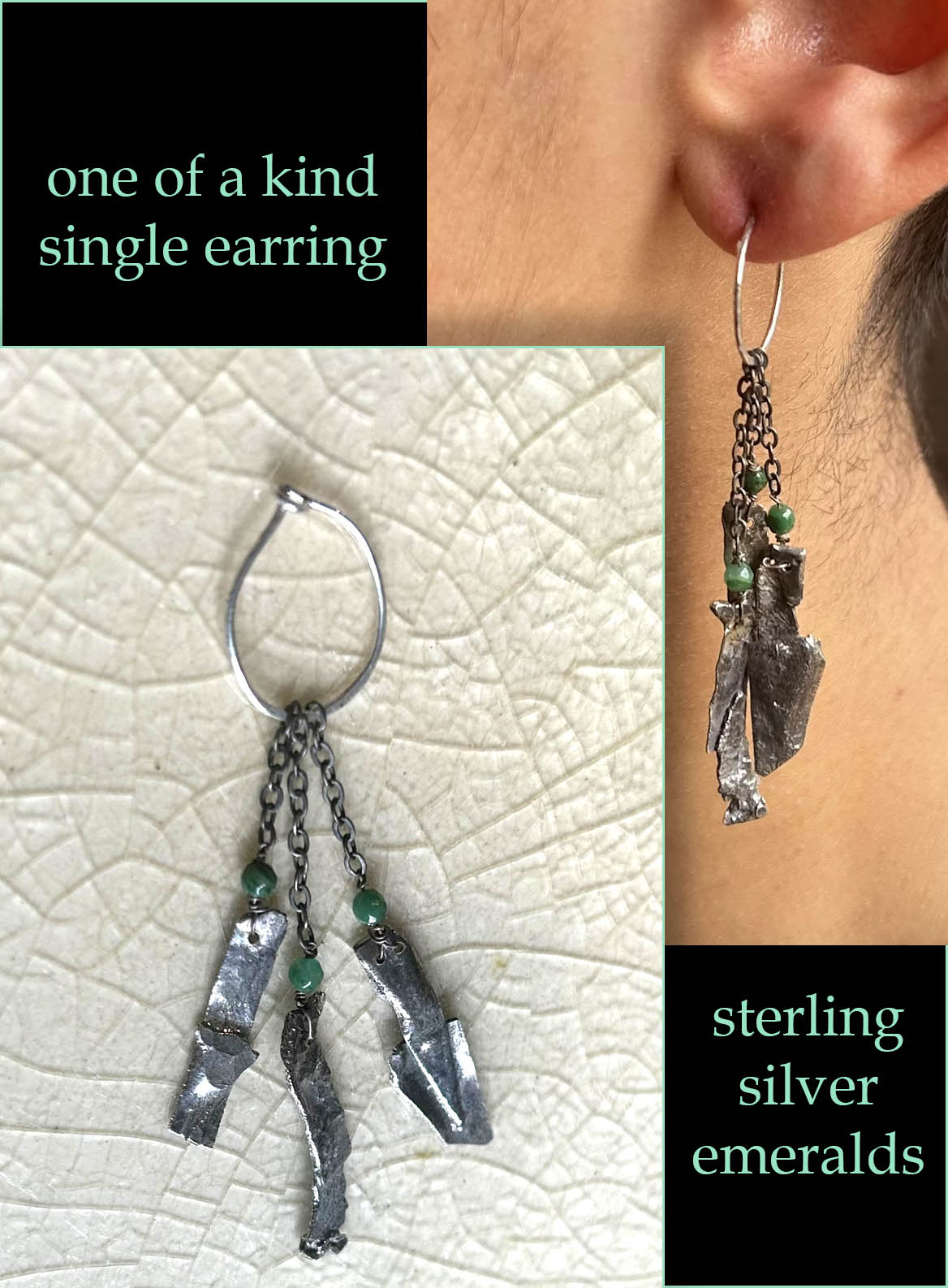 handmade Silver mens dangle earring. Boho earring. Sterling silver. emeralds. bohemian earring. Goth earring Hip-hop earring hippy earring 