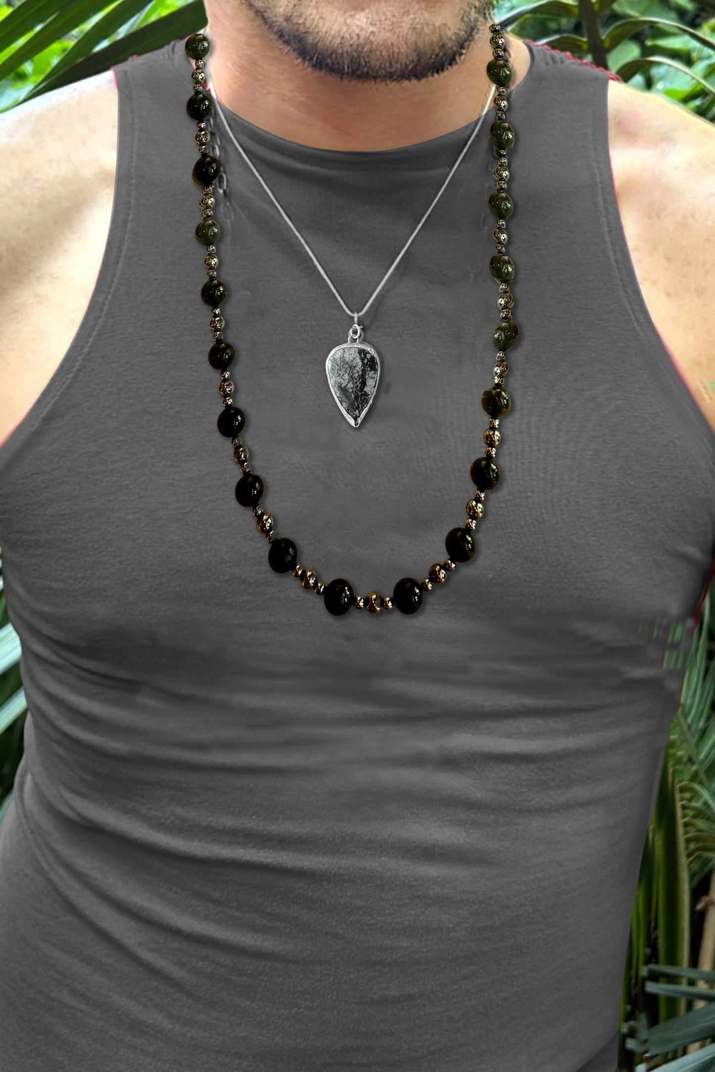 Onyx and hematite gemstone beaded necklace Rapper chains handmade mens necklace. Jasper amulet, goth hip hop. bohemian