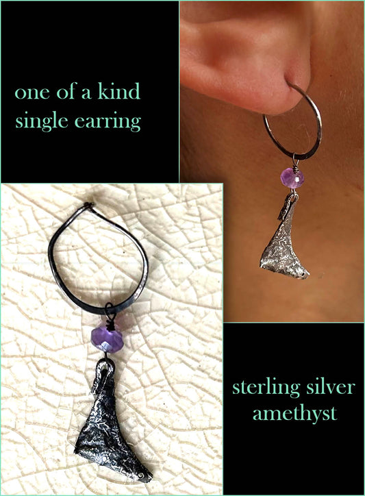 Sterling silver and amethyst handmade single earring.