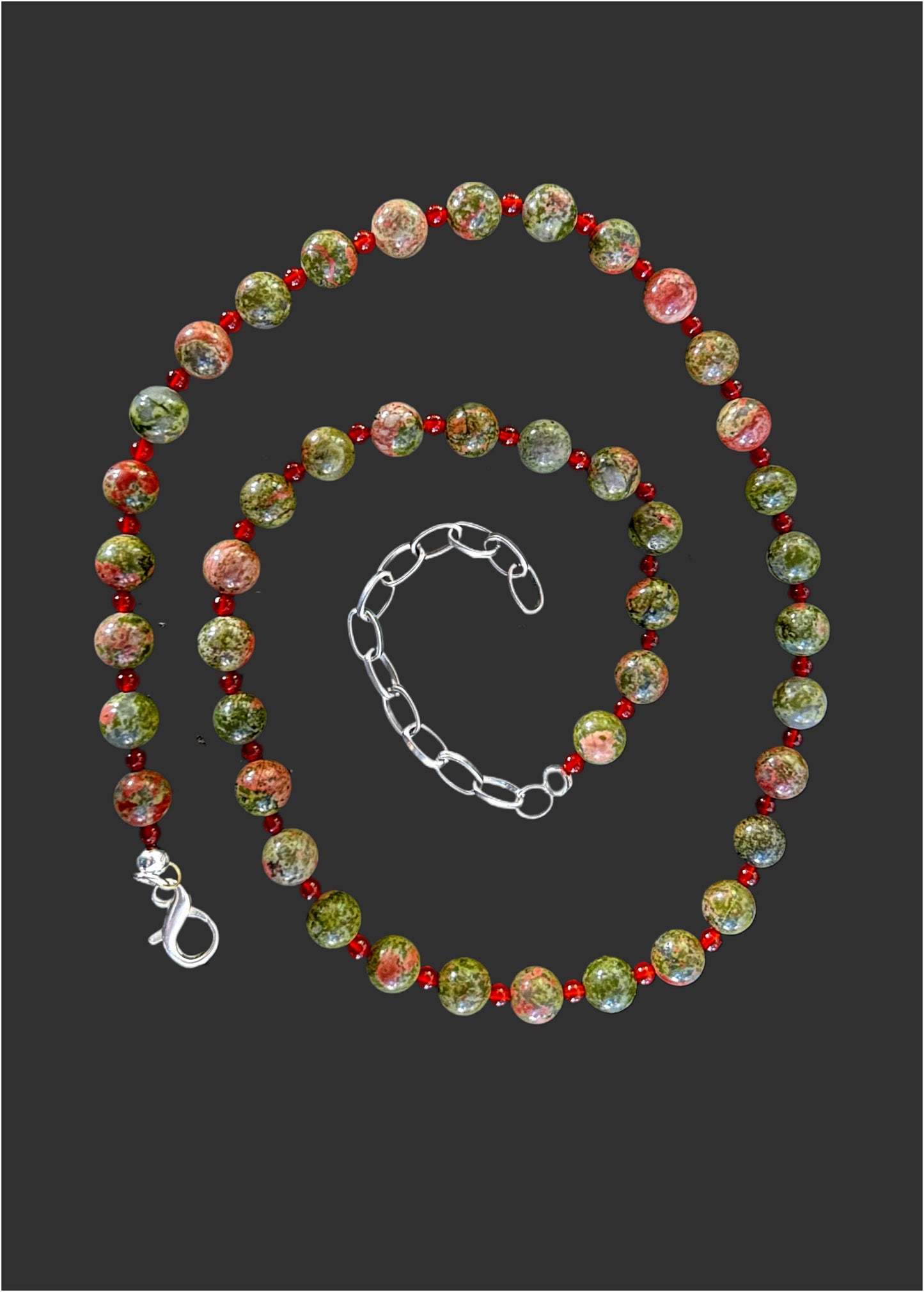 Unakite & Carnelian Gemstone Beads with a Sterling Silver Clasp Necklace