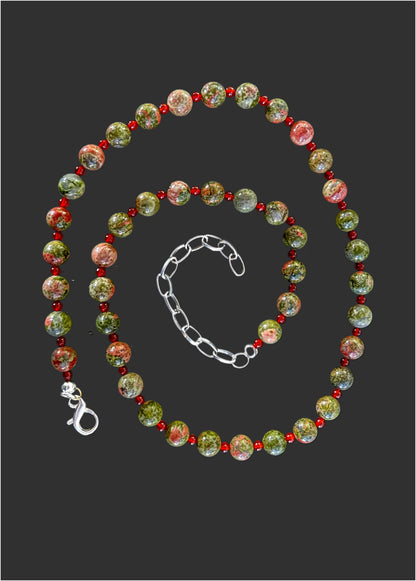 Unakite & Carnelian Gemstone Beads with a Sterling Silver Clasp Necklace