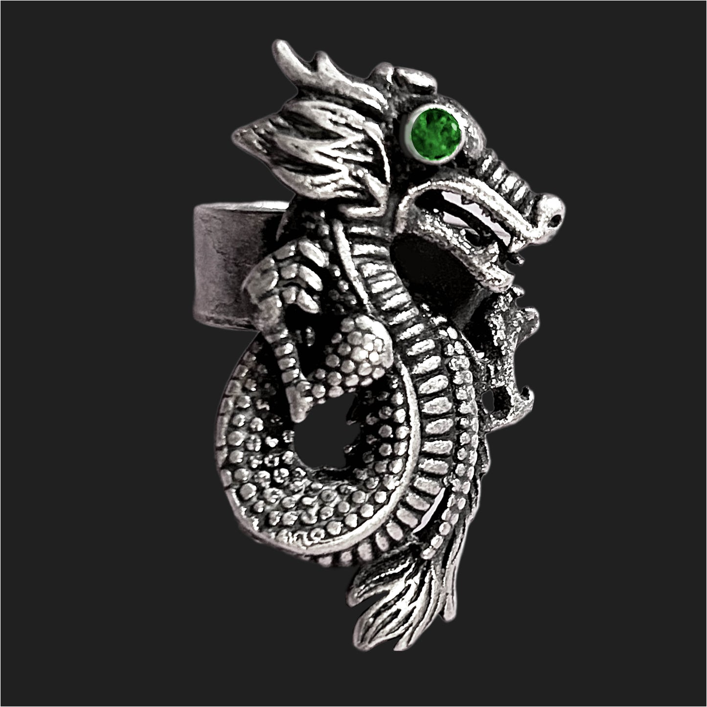 Dragon Silver Ring with Emerald or Ruby gemstone