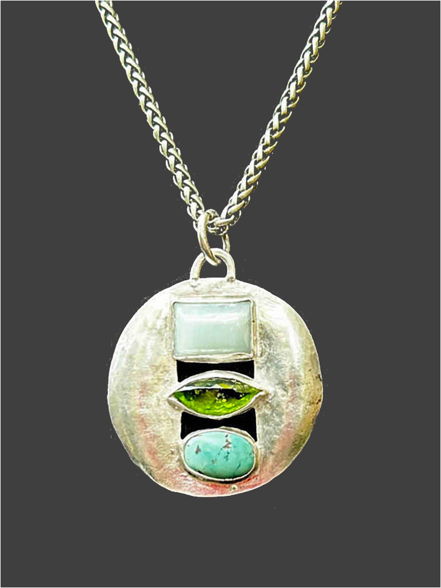 One-of-a-Kind Sultan's Treasure Medallion. Sterling Silver, Peridot, Turquoise, & Cloud Agate