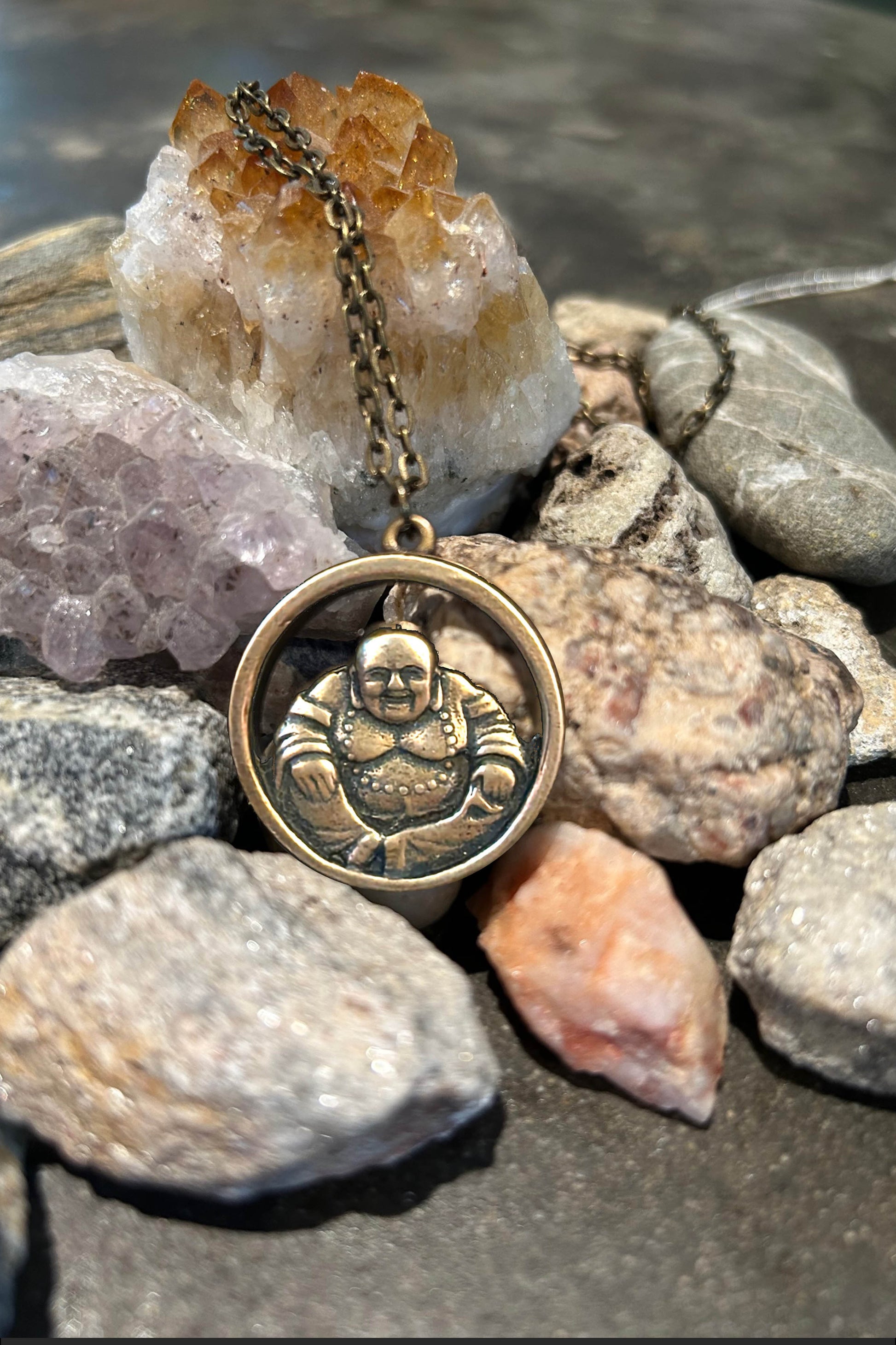 Bronze Happy Buddha amulet. Handmade necklace. Gothic necklace. Bohemian amulet. Hip-hop necklace.          