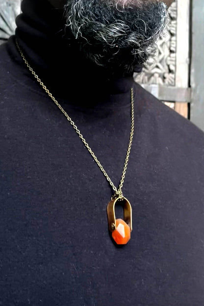 Carnelian and brass pendant. Handmade necklace. Boho necklace. Goth necklace. Hip hop necklace.  Chakra amulet. 