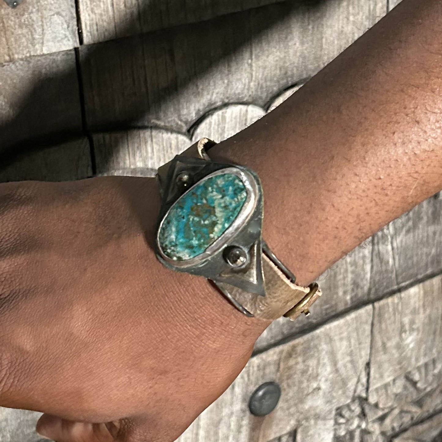 Wristwatch-Style Cuff. Leather with Turquoise Stone, Silver & Mixed Metal. One of a Kind