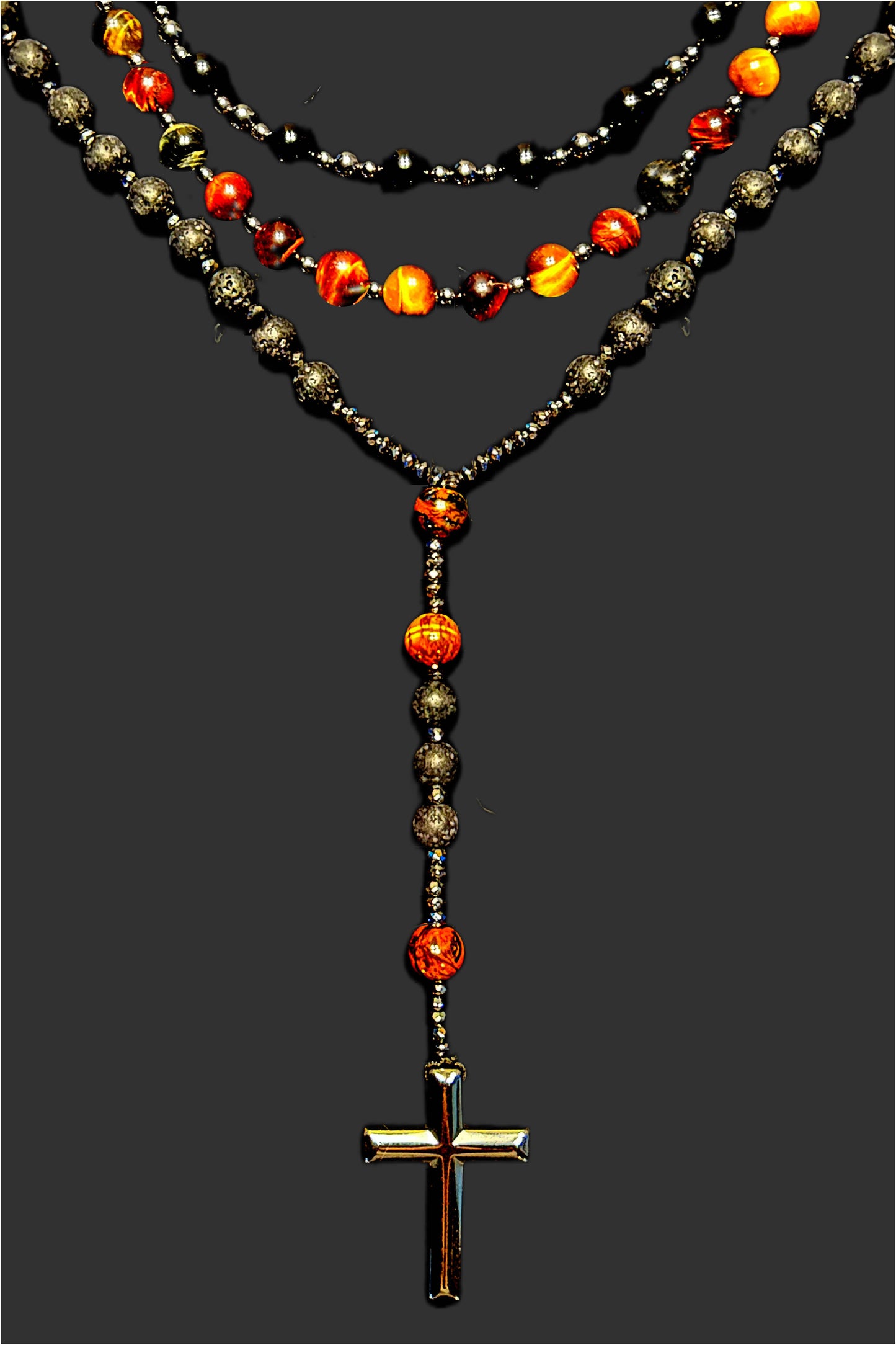 Gothic Crucifix Layered. Handmade necklace. Hiphop pendant. Boho  pendant. Hematite lava tigers eye  beaded necklace.