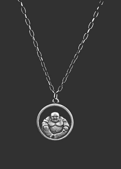 Silver smiling Buddha amulet. Handmade necklace. Goth necklace. Bohemian amulet. Hip hop necklace.           