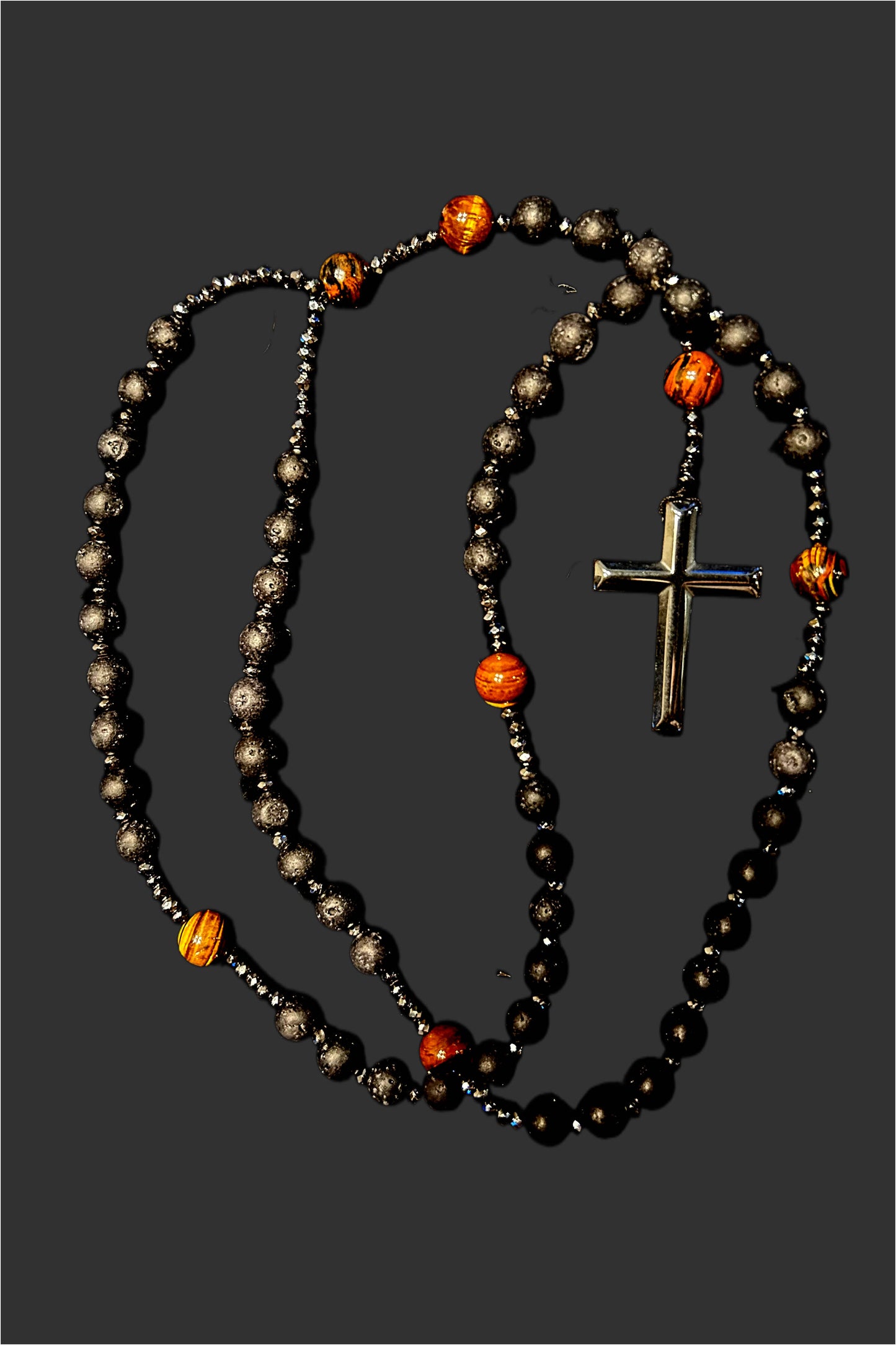 Goth Crucifix. Handmade necklace. Hiphop pendant. Bohemian pendant. Hematite lava tigers eye  beaded necklace.