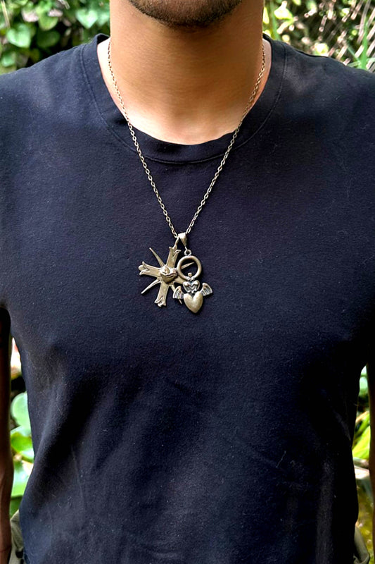 Bronze Milagros amulets. Flying heart. Handmade necklace. Gothic necklace. Bohemian amulet. Hip-hop necklace.           Mexican cross. 