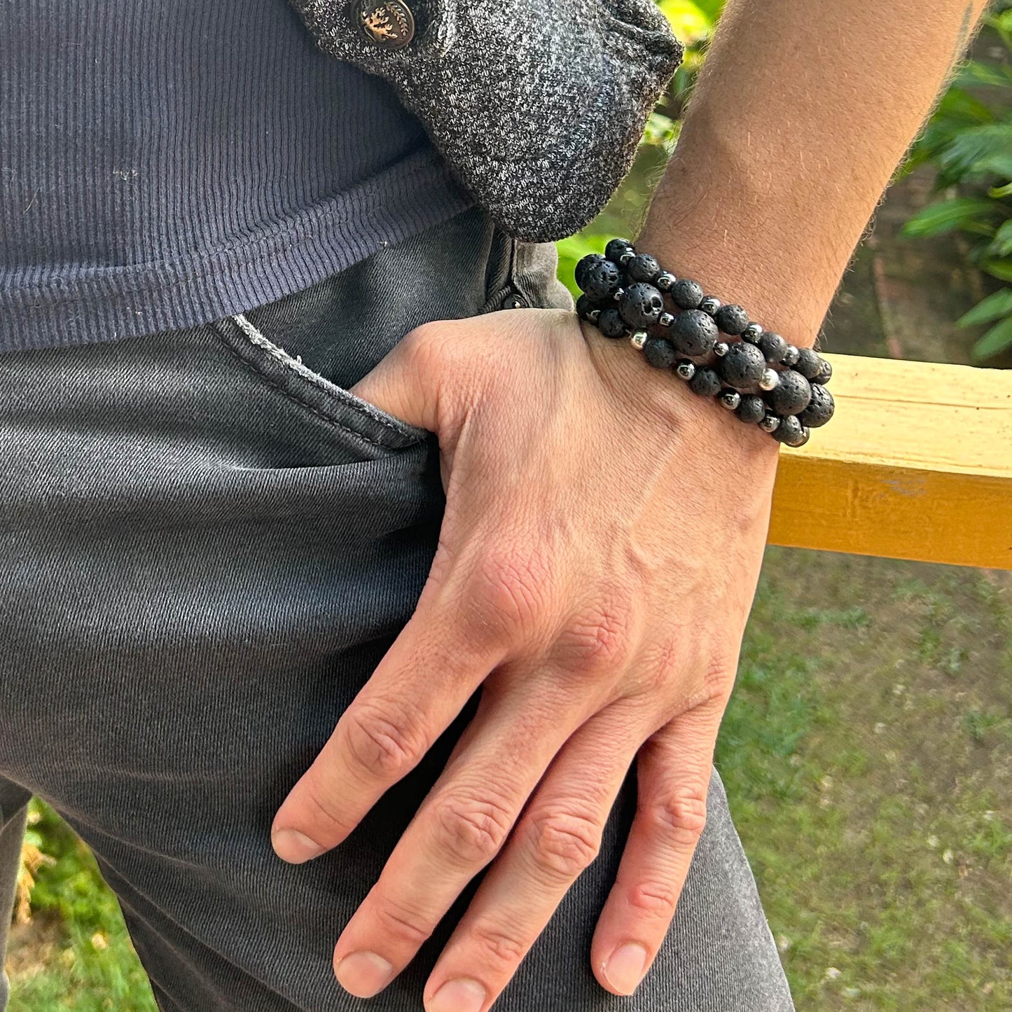 Set of Three Lava Stone Cuff Bracelets