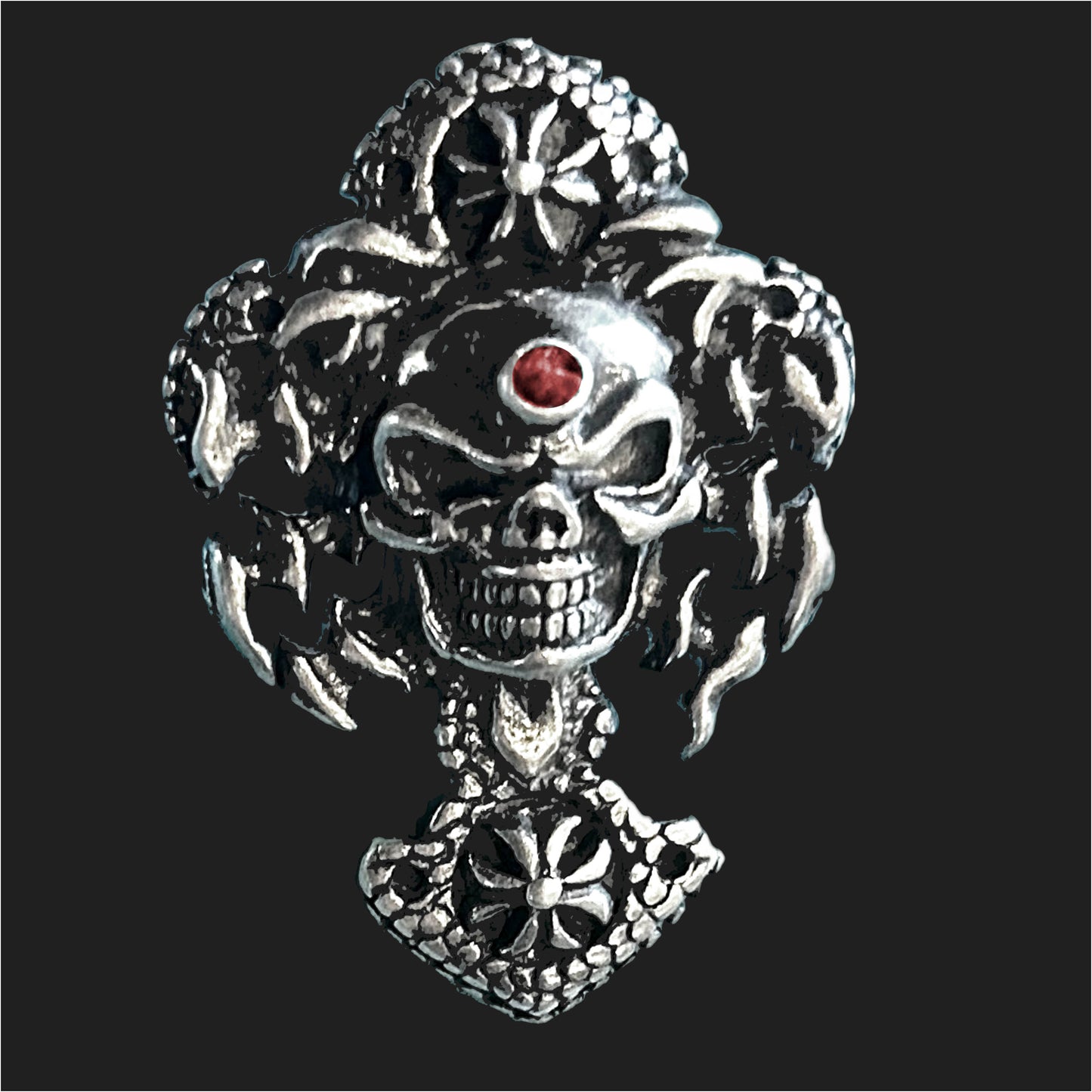 Skull Ring Silver with Emerald or Ruby gemstone