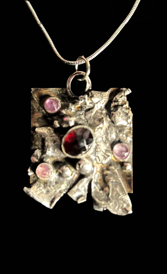 Controlled Chaos Pendant #5. 925 Sterling Silver and Mixed Metal , Garnet and Amethysts