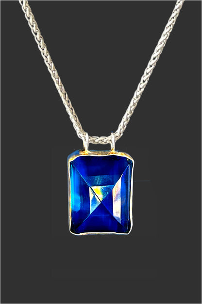 Sapphire square pendant.  Handmade necklace. Goth necklace. Hip hop pendant. Bohemian pendant. Bling necklace. 