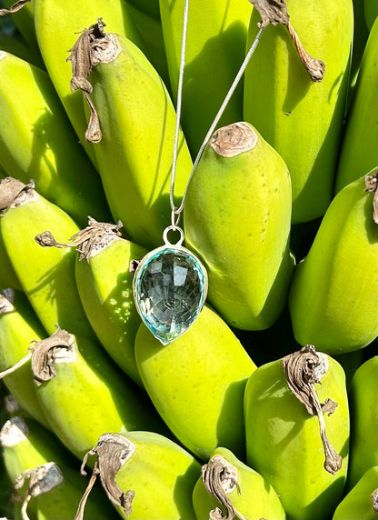 Aquamarine teardrop pendant.  Handmade necklace. Goth necklace. Hip hop pendant. Bohemian pendant. Bling necklace. Bananas.