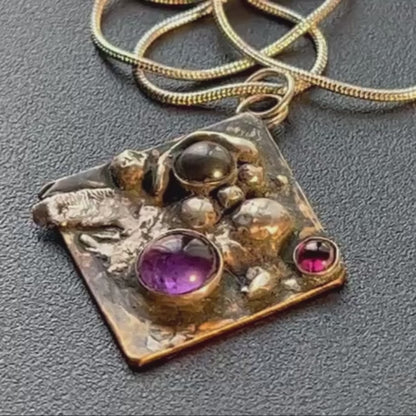 Controlled Chaos Pendant #6. 925 Sterling Silver, Garnet, Amethyst, Hematite and Mixed Metal